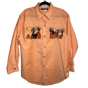 Vintage Halloween‎ Embroidered Button Up Black Cat Pumpkin Moon Spooky Sz Medium